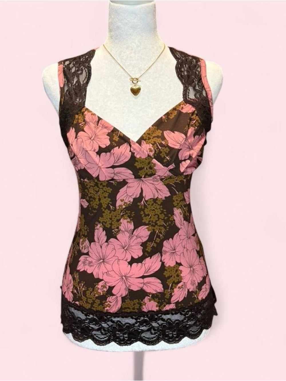 Floral Lace-Trim Women's Tank Top — Pink on Brown